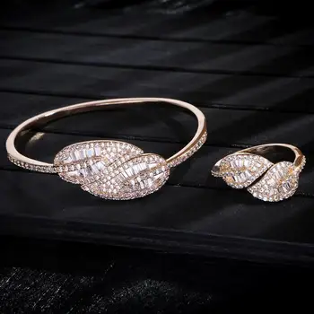 Luksus bladform Bangle Ring Sæt Mode Dubai Brude Smykker Til Kvinder Bryllup brincos para som mulheres S0720