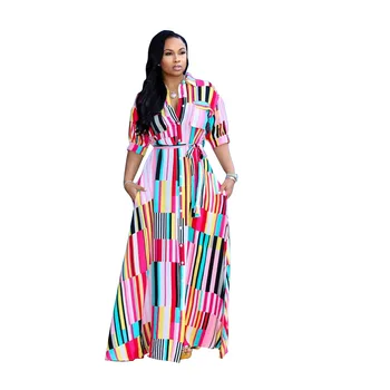 Kvinder Lange Maxi Farverige Skjorte Kjole Sommeren Stribet Plus size Elegante Kjoler