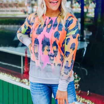 Flerfarvet Leopard Sweatshirts Kvinder langærmet Top Casual Løs Pullovere 2020 Efteråret Hættetrøjer Kvinde O-neck Tops Kvindelige
