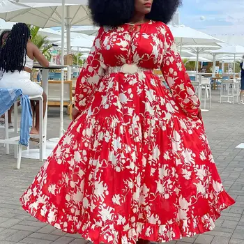 4xl 5xl Plus Size Afrikanske Kjole Kvinder Rød Blomstret Print, Lange Ærmer ladlængde Stort Elegant Party Aften Vestidos Maxi Kjole