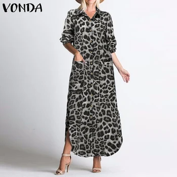 2021 VONDA Afslappet Tur Ned Hals Kvinder Kjole Vintage Leopard Trykt Kjoler, Boheme Vestidos Løs Elegant Kjole Plus Størrelse