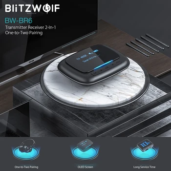 BlitzWolf BW-BR6 2 I 1 OLED-Skærm, bluetooth-V5.0 Audio Transmitter Receiver 3,5 mm Aux-2RCA Wireless Audio Adapter Lyd