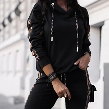 Kvinder Mode Hooded Langærmet Sweater Casual Bukser, Sports Trop Stribet Snor Design Hætte Top & Casual Bukser Sæt