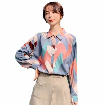 2020 Foråret Chiffon Blouse Kvinder Med Lange Ærmer Elegante Geometriske Print Damer Office-Shirts, Arbejdstøj Casual Slank Toppe Bluse