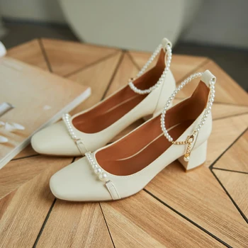 2021 foråret pearl firkantet spænde tyk hæl Mary Jane sko nye casual alle-match mode trend mid-heel kvinder sko