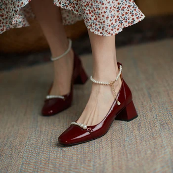 2021 foråret pearl firkantet spænde tyk hæl Mary Jane sko nye casual alle-match mode trend mid-heel kvinder sko