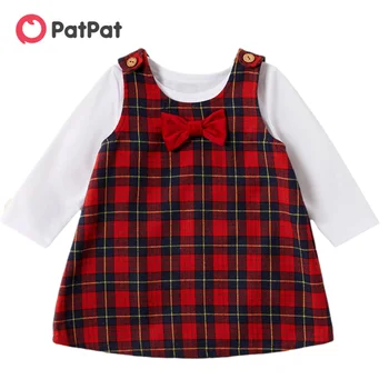 PatPat Nye Ankomst 2021 Forår og Efterår 2-stykke Baby Buksetrold Solid Top og Plaid Sløjfeknude Indretning Kjole Sæt Baby Tøj