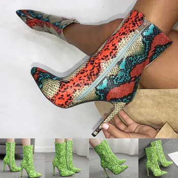 2020 Kvinder Lynlås Støvler Tynd Høj hæl farvet slange print støvler kvinder Snake Print Ankel Mode Spids tå Damer Sexet sko