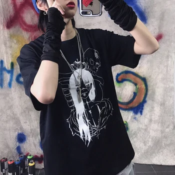 Lange løs Harajuku Grafisk Gotisk T-Shirt til Kvinder Ulzzang koreanske Goth Stil Horror Tshirt Sommeren Streetwear Tee Top Tøj