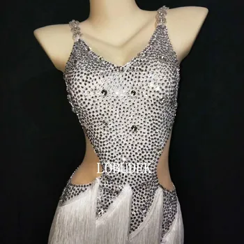 Nye Voksne Kvinder Latin Dance Konkurrence Kostume Glitrende Sølv Rhinestones Hvide Frynser Kjole Sexet Kvaster Kjole