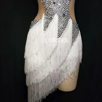 Nye Voksne Kvinder Latin Dance Konkurrence Kostume Glitrende Sølv Rhinestones Hvide Frynser Kjole Sexet Kvaster Kjole