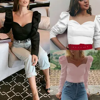 Helt Nye Vintage Kvinders Mode Puff Ærme T-Shirt Afslappet ensfarvet V Neck langærmet Toppe