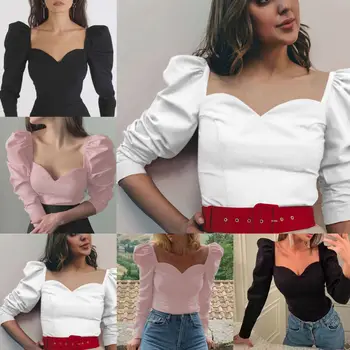 Helt Nye Vintage Kvinders Mode Puff Ærme T-Shirt Afslappet ensfarvet V Neck langærmet Toppe