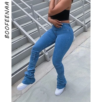 BOOFEENAA Street Style Stablet Bukser med Høj Talje, Stretch Flare Jeans Kvinde, Høj Talje Bell Bottom Denim Joggere Kvinder C85-EZ55
