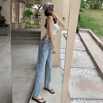 Instagram mode sexet kæde jeans design følelse temperament høj talje lige rør bukser mindretal mode kvindelige sommer