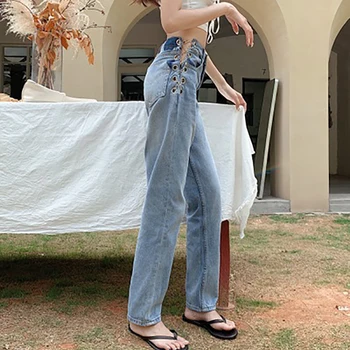 Instagram mode sexet kæde jeans design følelse temperament høj talje lige rør bukser mindretal mode kvindelige sommer
