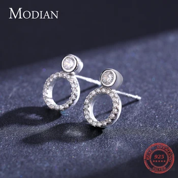 Modian Ægte 925 Sterling Sølv Klassisk Geometrisk Runde Stud Øreringe til Kvinder Luksus Klare CZ Fine Kvindelige Bryllup Smykker