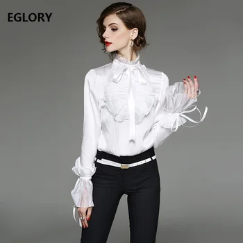 Nye 2019 Forår Sommer Bluser Til Kvinder Ribbon Bow Tie Flæser Design Flare Ærmet Solid Sort Hvid Vintage Elegants Bluser Shirt