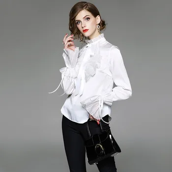 Nye 2019 Forår Sommer Bluser Til Kvinder Ribbon Bow Tie Flæser Design Flare Ærmet Solid Sort Hvid Vintage Elegants Bluser Shirt