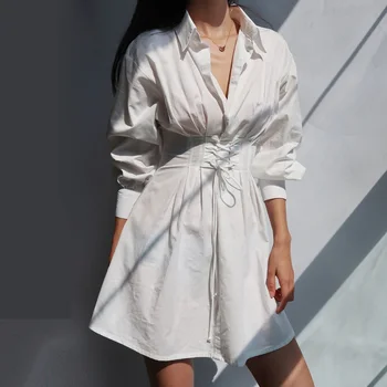 Casual Sexy Ryg-Lace-up-Shirt Kjole Kvinder Efteråret Hvid langærmet Høj Talje A-line Kjoler Mini Vestidos Kakifarvet Tøj