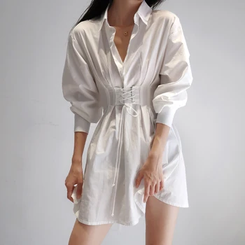 Casual Sexy Ryg-Lace-up-Shirt Kjole Kvinder Efteråret Hvid langærmet Høj Talje A-line Kjoler Mini Vestidos Kakifarvet Tøj