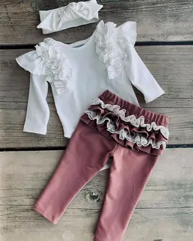 OS Nyfødte Spædbarn Baby Pige Flæsekanter Tøj Tøj Romper Tops+Bukser+Pandebånd Sæt