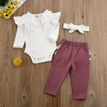 OS Nyfødte Spædbarn Baby Pige Flæsekanter Tøj Tøj Romper Tops+Bukser+Pandebånd Sæt