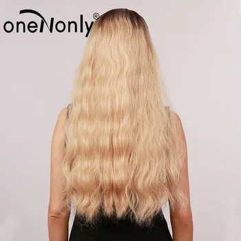 OneNonly Lang Ombre Brun Blonde Syntetiske Parykker Løs Bølge med Pandehår for Kvinder Cosplay Dagligt Naturlige Hår Paryk varmeandige