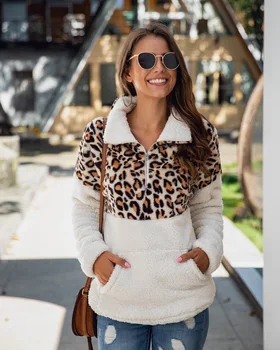 Efterår Og Vinter Fluffy Sweater Leopard Patchwork Lynlås Lommer Casual Fleece Plus Size Vinter Pullover Kvinder Oversize Sweater