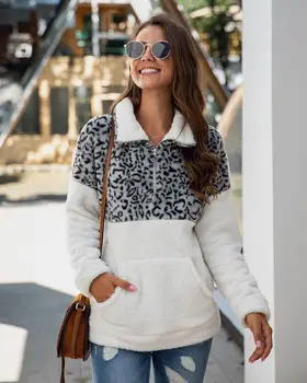 Efterår Og Vinter Fluffy Sweater Leopard Patchwork Lynlås Lommer Casual Fleece Plus Size Vinter Pullover Kvinder Oversize Sweater