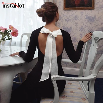 InstaHot Elegante Kvinder Backless Kjole Bue Bandage Efteråret Langærmet Vintage Part Casual Kvindelige Kjole 2020 Mode Slanke Kjoler