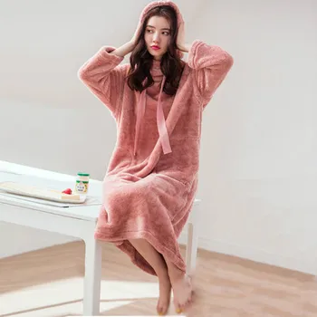Kvinder Tyk Nightgowns Hætteklædte Snor Oversize Coral Fleece Varm Vinter Damer Elegante Koreansk Stil Lommer Studerende Lounge
