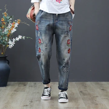 Sommeren Nye Arts-Stil Kvinder Blomst Broderede Jeans Elastisk Talje Løs Denim Harem Bukser Plus Size Vintage Slidte Jeans D555