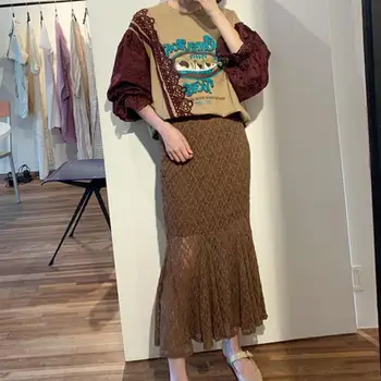 2019 Efteråret Overdimensionerede Hoodie Mode Bogstaver Påtrykt Lanterne Ærme Tre Kvarter Kontrast Farve Alder Reduktion Sweatshirt Kvinder