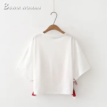 2019 Japansk Forfriskende Kvinder T-Shirt Og Sort Decor Hvid Og Sort Farve Kvindelige T-Shirts