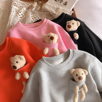 2020 Efterår Og Vinter Nye Ankomst Girls Fashion Bære T-Shirt Børn Candy Farve Varm Fleece Toppe Kids Tøj