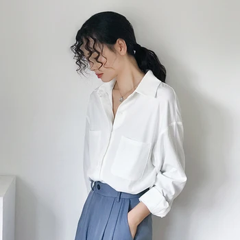 Efteråret koreanske Chiffon Blouse Femme Turn-down Krave, Lommer langærmet Hvid Skjorte Kvinder Løs OL Style Overdele Blusas 6068