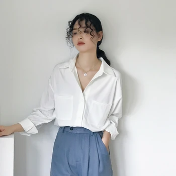 Efteråret koreanske Chiffon Blouse Femme Turn-down Krave, Lommer langærmet Hvid Skjorte Kvinder Løs OL Style Overdele Blusas 6068