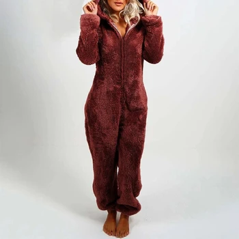 Kvinder 1-Delt Pyjamas Solid Farve Plus Fleece Thicked Bløde Buksedragt Hætteklædte Pyjamas 2020 Vinter Varm Homewear Casual Buksedragt