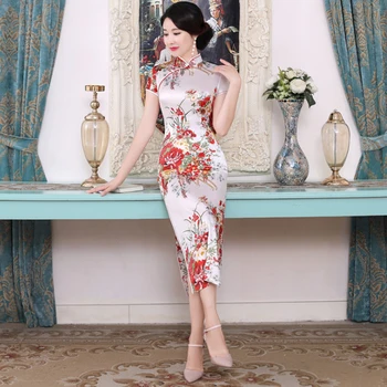 Elegante Kvinder Satin Qipao Sommeren NYE Slanke kortærmet Kjole Traditionel Kinesisk Stil Mandarin Collar Cheongsam