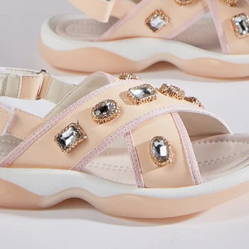 Donna-i Ægte Læder Kvinder Sandaler Fladskærms Casual Med Rhinestones Sommer Sandaler 2020 Velcro Bagsiden Rem Hyggelig Pink Beige Sko