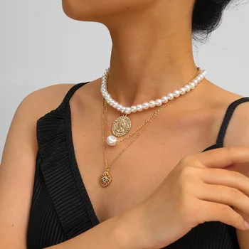 Portræt Præget Blomst Halskæde Simuleret Pearl Kæde Multilayer Kæde Mode Smykker Choker Halskæder Til Kvinder