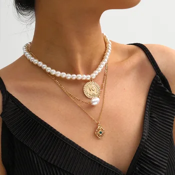Portræt Præget Blomst Halskæde Simuleret Pearl Kæde Multilayer Kæde Mode Smykker Choker Halskæder Til Kvinder