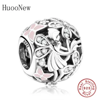 Passer Oprindelige Pandora Armbånd 925 Sterling Sølv Engel Vinger Blomst Daisy Zirkonia Pink Emalje Perler For At Gøre Berloque
