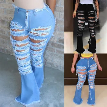 2020 Sommer Denim Bukser Kvinder Retro Solid Sexet Hul Jeans Rippet Flare Bukser Street Tynde Høj Talje Lady Bukser