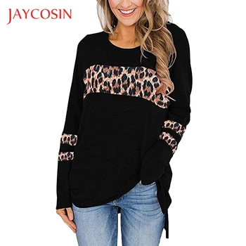 JAYCOSIN langærmet T-Shirt Kvinder O-Hals Casual Leopard Print Split Høj Lav Tunika Løs t-shirt Afslappet Toppe Tee harajuku-Shirt