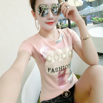 Sommeren 2019 nye mode sequined forgyldt kvinder t-shirt i bomuld kortærmet koreanske T-shirt kvindelige wild o-hals sort toppe 26202