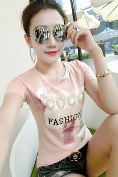 Sommeren 2019 nye mode sequined forgyldt kvinder t-shirt i bomuld kortærmet koreanske T-shirt kvindelige wild o-hals sort toppe 26202