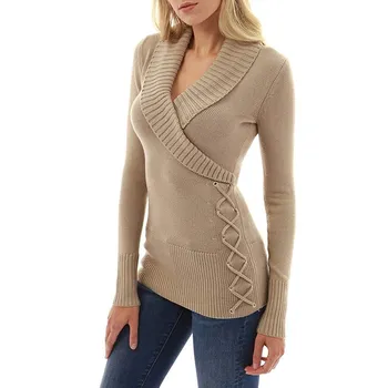 Sexy-V-hals langærmet Sweater Mode Vintage Damer Slank Slank Sweater Casual Trøjer og Trøjer