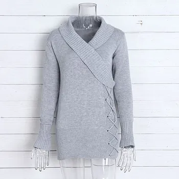 Sexy-V-hals langærmet Sweater Mode Vintage Damer Slank Slank Sweater Casual Trøjer og Trøjer